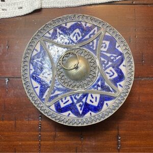 Vintage Moroccan Ceramic Jar Lidded blue white With Silver Overlay